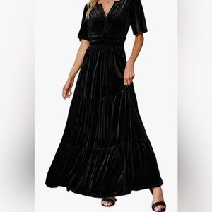 Black velvet dress new size large tiered at button short sleeve